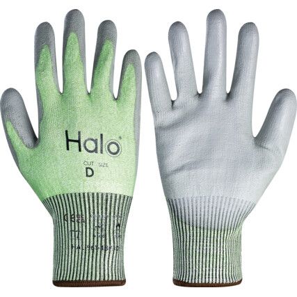 Cut Resistant Gloves, 13 Gauge Cut D, Size 9, Green & Grey, Nylon-PU Palm, EN388: 2016