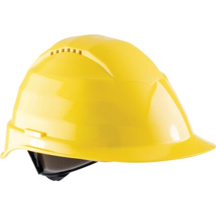 Safety Helmet With 6 Point Harness, Yellow, ABS, Vented, Reduced Peak, Includes Side Slots