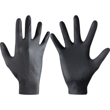 Disposable Gloves, Diamond Grip, Black, Nitrile, Small, Powder Free, Pack of 50, 8.3g