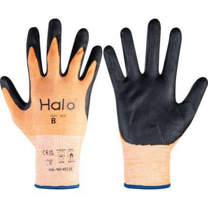 Cut Resistant Gloves, 13 Gauge Cut B, Size 9, Black & Orange, Nitrile Foam Palm, EN388: 2016