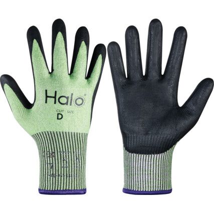 Cut Resistant Gloves, 13 Gauge Cut D, Size 8, Black & Green, Nitrile Foam Palm, EN388: 2016